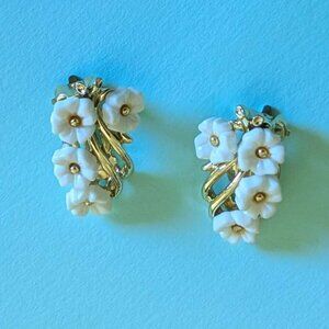 Vintage Floral Enamel Clip On Earrings, stamped "Star", Sakura, Cherry Blossom